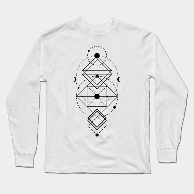 Geometric Symbol Perfect Symmetry with Moons and Diamonds Black Version Long Sleeve T-Shirt by Always Growing Boutique